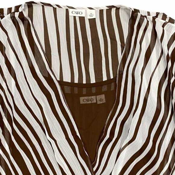 Cato Womens M Chiffon Blouse Semi Sheer Brown White Striped Cami Elastic Waist - Picture 3 of 10